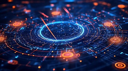 Futuristic Digital Data Visualization with Circular Pattern and Glowing Blue and Orange Elements - Powered by Adobe