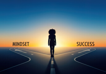 Obraz premium Mindset and Success Crossroads: A Silhouette Contemplating the Path Forward Towards a Bright Horizon