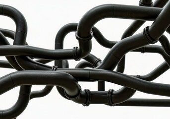 Naklejka premium Intertwined Dark Industrial Pipes Creating a Complex Tangled Network Against a Stark White Backdrop