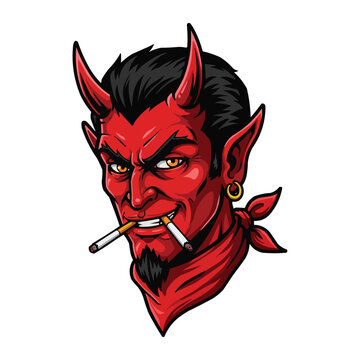 Evil Red Devil with Cigarettes, Horns and Bandana