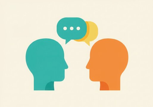 Two silhouetted heads in profile communicating with speech bubbles