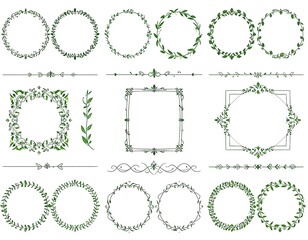 Set of decorative frames and borders with leafy, green elements