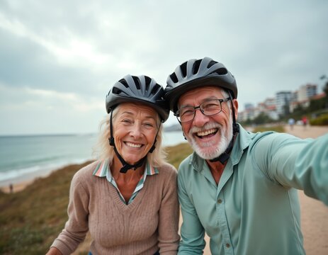 Happy elderly couple wearing helmets take a selfie while riding bicycles outdoors near the sea. Smiling seniors enjoy a healthy lifestyle activity, cycling for fitness and fun together.