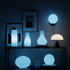 Modern interior design with a glass lamp on the wall illuminating the room at night, enhancing home decoration