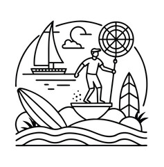 Black outline vector illustration of summer water sports activities