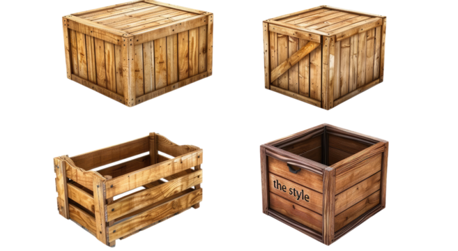 PNG. 4 different wooden crates isolated on a white background, with no shadows, text, icons, or other objects in the picture
