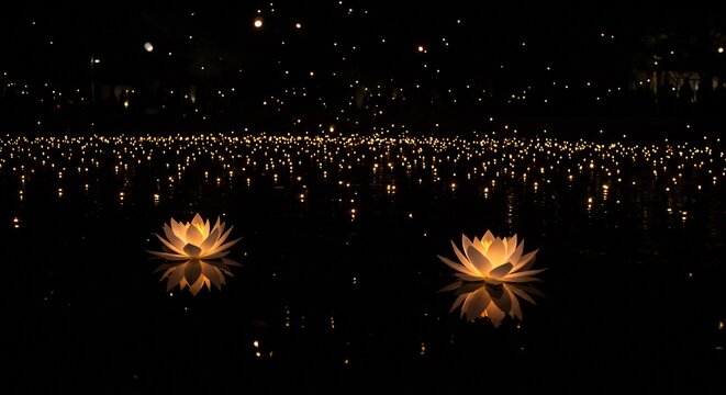 Two Glowing Lotus Lanterns Adrift on a Dark, Reflective Sea of Lights