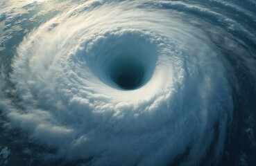 Aerial view of powerful hurricane swirling from space. Storm features distinct eye, surrounded by massive cloud formations, vortex winds. Dramatic natural phenomenon showing immense power, scale.