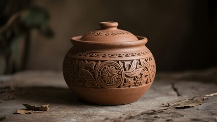 Handcrafted Terracotta Pot with Intricate Floral Carvings