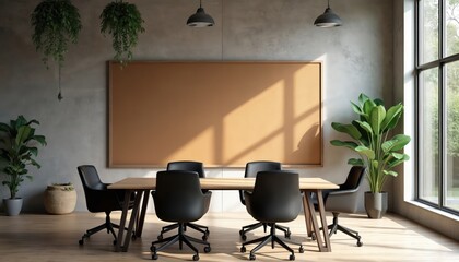 Modern office meeting room with concrete walls, bamboo furniture, hanging plants. Features large corkboard wall for notes, presentations. Sunlight streams through large windows, creating bright,