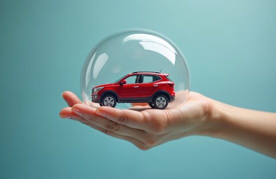 Red toy car rests inside transparent protective bubble held gently by hand. Safety, security, comprehensive coverage for vehicle owners. Perfect for car insurance ads, financial planning, creative