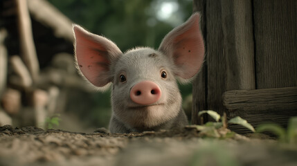 Funny Cute Piglet Pet Adventure Peeking Out from Wood Barnyard Animal
