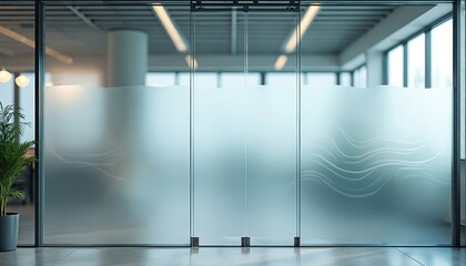 Frosted glass sliding window featuring decorative wavy lines pattern. Interior design element offers privacy, light diffusion. Modern office space with glass partitions. Energy efficient window film.