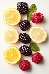 Overhead view of lemon halves, blackberries, and raspberries with small mint leaves on a light background. Fresh sweet fruits, healthy snack