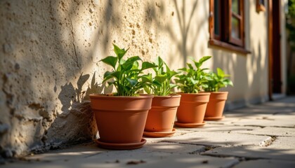 Pots of Green Plants Lined Along Sunlit Wall on a Warm Day in a Tranquil Outdoor Space