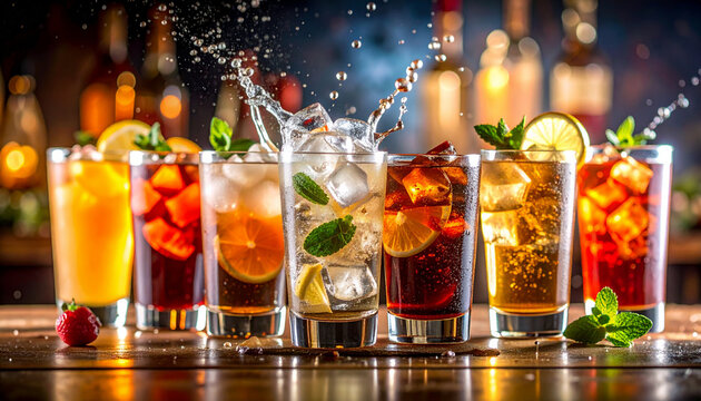 Colorful cocktails lined up on a bar counter