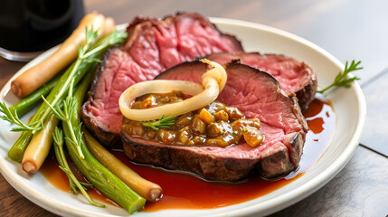 Savory roast beef with seasoned leek and red wine