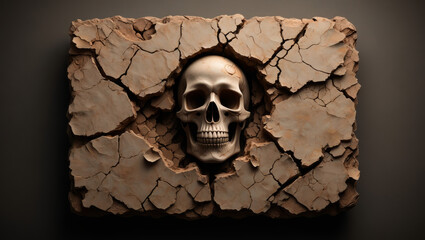 A human skull is set against a textured, cracked surface, symbolizing themes of mortality and decay. The contrasting elements evoke strong emotions and thoughts on life and death