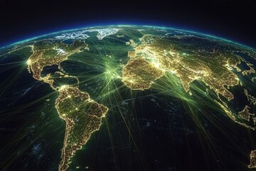 Global network connections illuminated across continents signify data processing and communication, network of connections over globe and data processing