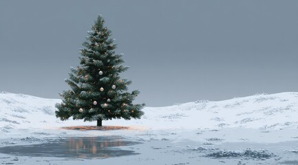 Decorated christmas tree brings festive magic to snowy minimal xmas winter landscape	
