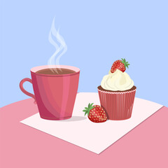 A mug of tea and a strawberry tart.Vector illustration of dessert with a drink.