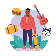 Illustration of a young man with skateboard, guitar, burger, suitcase, and husky dog head icon