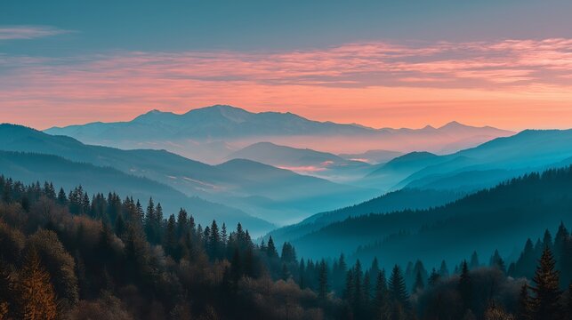 Serene mountain sunset with successive ridges of evergreen forests and pale blue peaks, tangerine coral sky gradient, warm light filtering through spruce trees
