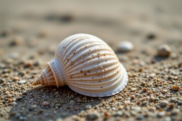 Beautiful Close-Up of a White Seashell on a Sandy Beach at Sunset in Natural Light