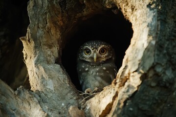 Eurasian pygmy owl observes its surroundings from a cozy tree cavity in a forest setting, Eurasian pygmy owl (Glaucidium passerinum) looking out of nest hole