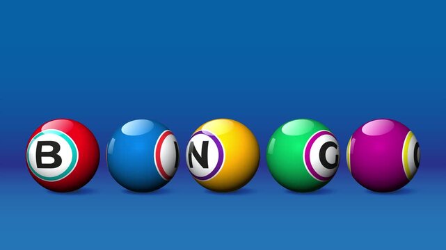 Five colorful bingo balls spelling out bingo on a blue background representing the game of bingo