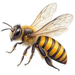 A vivid and detailed illustration of a bee with yellow and black stripes, showing the fine texture of its wings and body in stunning clarity