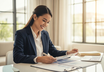 A young couple sits at a kitchen table, looking at a tablet, surrounded by papers, possibly reviewing finances or planning together in a bright, modern home.