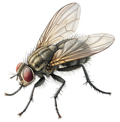 A close up of a fly, capturing its distinct features like the red eyes, wings, and fine textures on its body in sharp detail