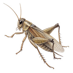A close up illustration of a grasshopper, featuring its long legs and detailed body with a strong focus on its texture and realism