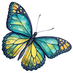 A detailed and realistic illustration of a butterfly with blue and yellow wings, captured in mid flight with beautiful symmetry