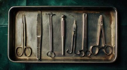 Antique surgical instruments arranged on a tray