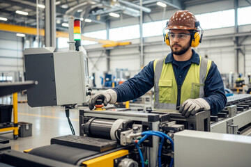 Precision and Safety: A Focused Technician Operating an Automated Factory Line