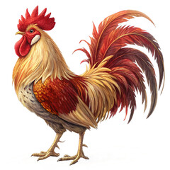 A vibrant and detailed illustration of a rooster with vivid red and orange feathers, standing proud with its comb and wattle highlighted in the artwork