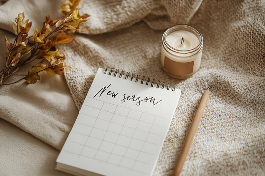 Flat lay of a minimalist paper calendar with handwritten 'new season', styled with dry leaves, autumn color palette, soft natural lighting