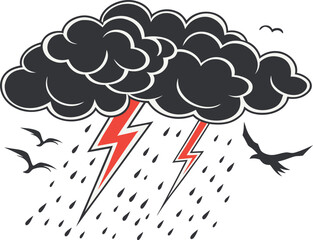 Storm Cloud with Red Lightning and Birds &ndash; Bold Weather Vector Illustration