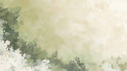 Soothing abstract watercolor blend of greens and creams evokes natural tranquility and calm.