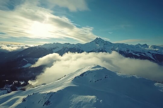 Experience stunning aerial views of Whistler Mountain in British Columbia during sunset, Aerial drone hyperlapse of Whistler mountain, BC, Whistler peak, Black Tusk, moving clouds 24FPS
