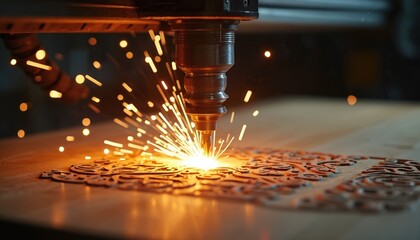 Laser engraver cuts intricate design on wooden surface. Bright orange light emanates from machine. CNC technology precise, efficient, fast. Wood engraved shows texture, surface detail, light, shadow