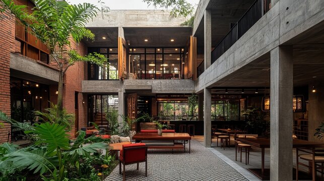 Modern building with courtyard, plants, exposed concrete, red brick, tables and chairs, large windows, and open space - Powered by Adobe