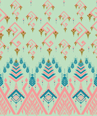 seamless geometric pattern. A seamless geometric tribal pattern in vibrant pastel tones featuring pink, teal, mustard, and mint green.