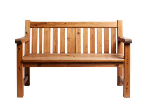 Solid wooden bench with armrests on a white surface, perfect for park or outdoor furniture product advertisements, leisure and lifestyle concepts.