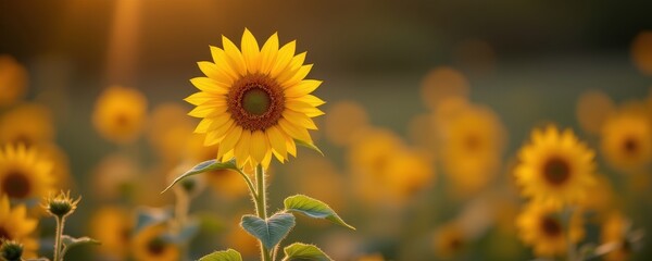 Bright and Cheerful Sunflower Surrounded by a Vibrant Field at Golden Hour