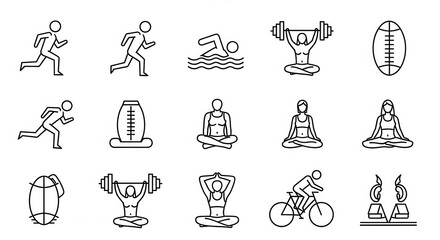 Collection of sports and fitness activities icons featuring running swimming weightlifting yoga and cycling silhouette