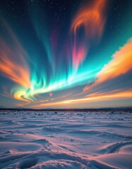 Vibrant Aurora Borealis Dances Over Snow-Covered Landscape Under Starry Night Sky
