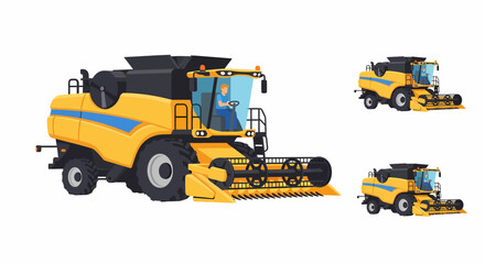 A detailed illustration of a large yellow combine harvester with a farmer in the cab, isolated on a white background.